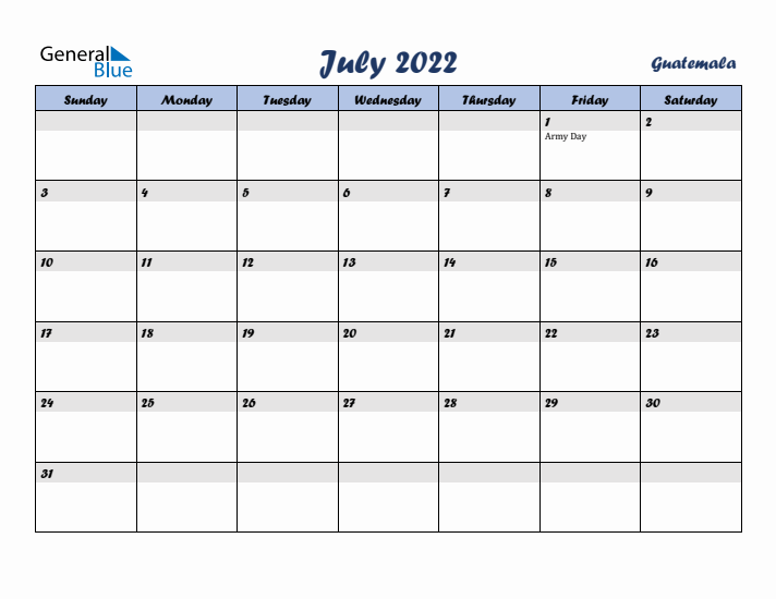 July 2022 Calendar with Holidays in Guatemala
