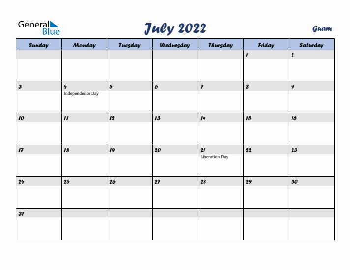 July 2022 Calendar with Holidays in Guam
