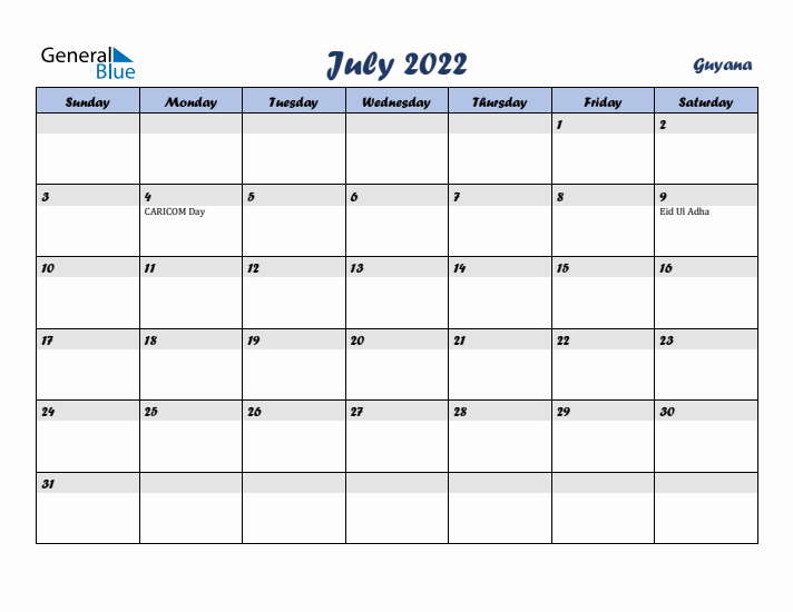 July 2022 Calendar with Holidays in Guyana