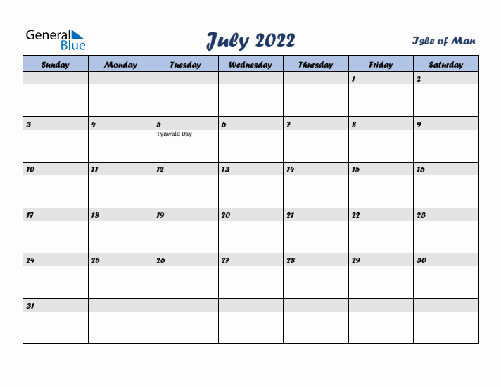 July 2022 Calendar with Holidays in Isle of Man