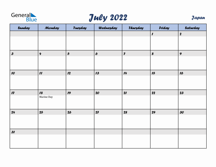 July 2022 Calendar with Holidays in Japan