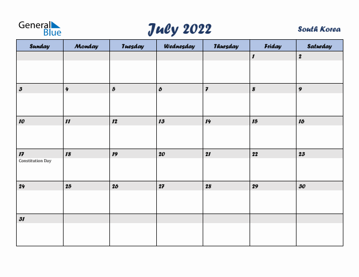 July 2022 Calendar with Holidays in South Korea
