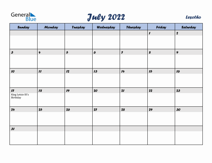 July 2022 Calendar with Holidays in Lesotho