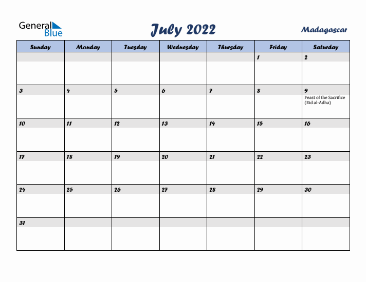 July 2022 Calendar with Holidays in Madagascar