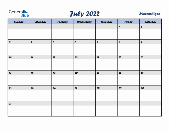 July 2022 Calendar with Holidays in Mozambique
