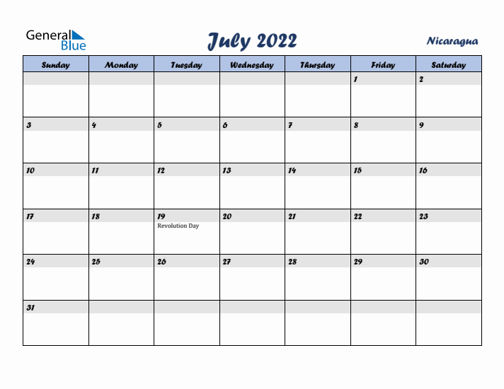 July 2022 Calendar with Holidays in Nicaragua