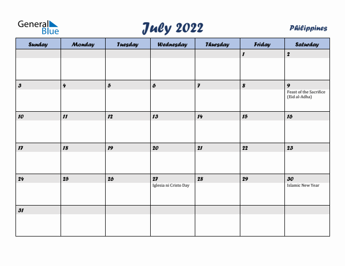 July 2022 Calendar with Holidays in Philippines