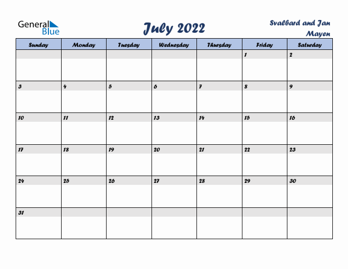 July 2022 Calendar with Holidays in Svalbard and Jan Mayen