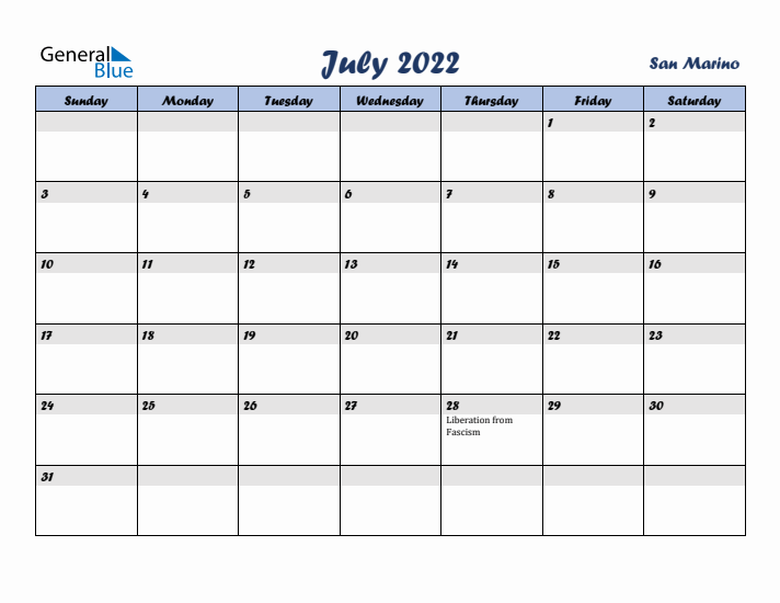 July 2022 Calendar with Holidays in San Marino