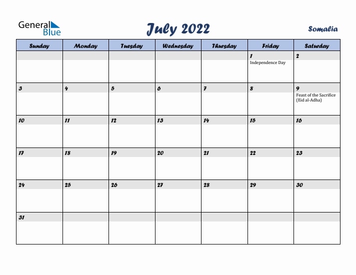 July 2022 Calendar with Holidays in Somalia
