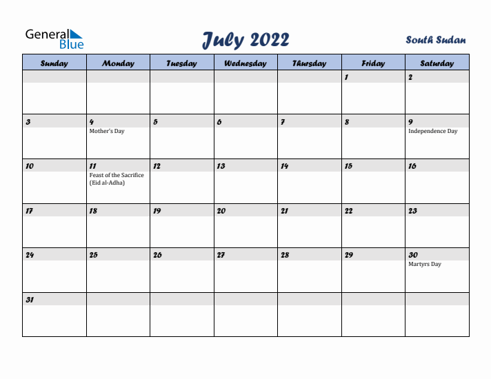 July 2022 Calendar with Holidays in South Sudan