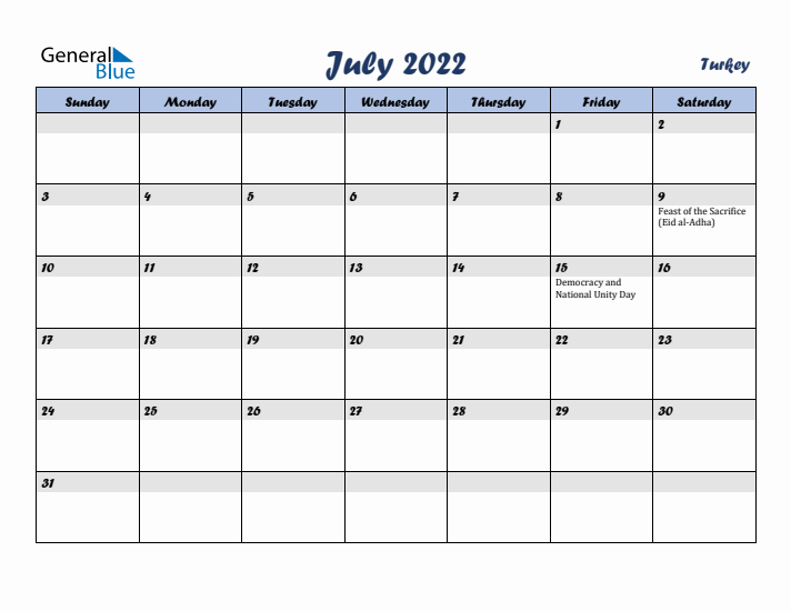 July 2022 Calendar with Holidays in Turkey