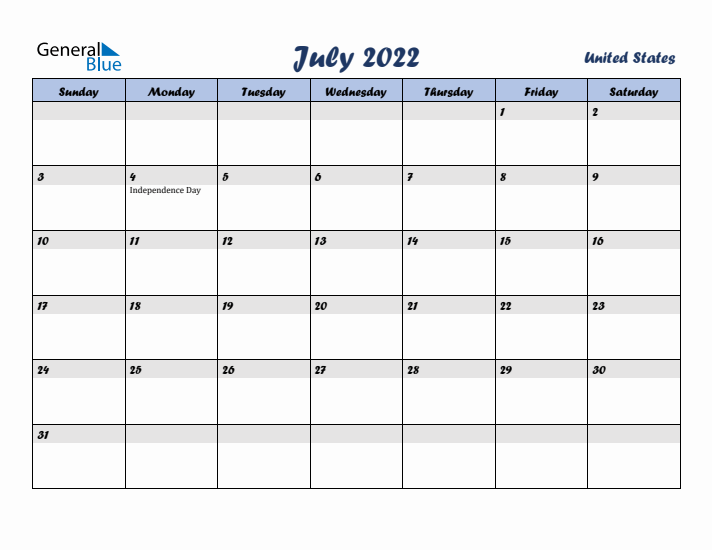 July 2022 Calendar with Holidays in United States