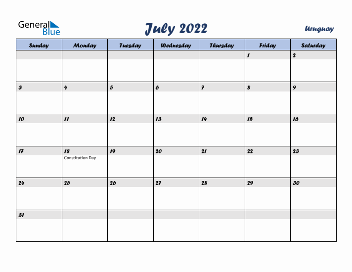 July 2022 Calendar with Holidays in Uruguay