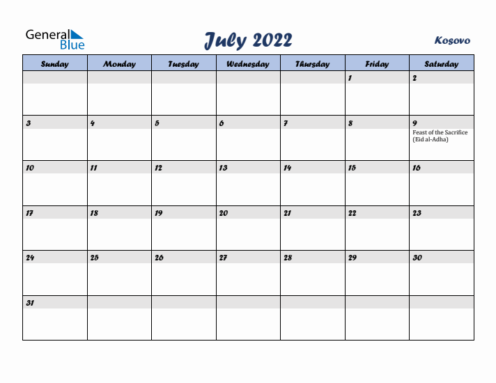 July 2022 Calendar with Holidays in Kosovo
