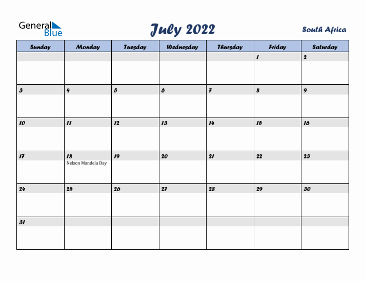 July 2022 Calendar with Holidays in South Africa