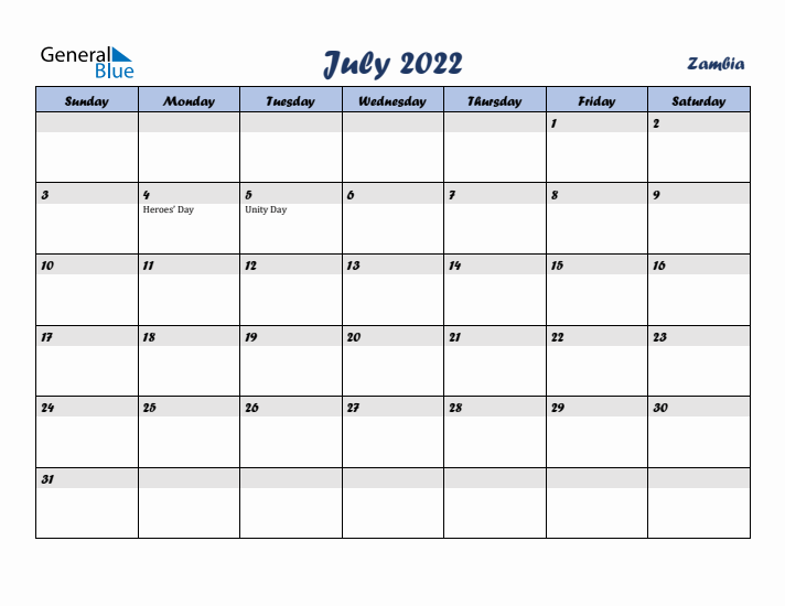 July 2022 Calendar with Holidays in Zambia