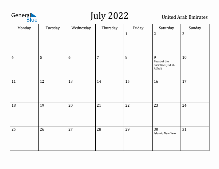 July 2022 Calendar United Arab Emirates