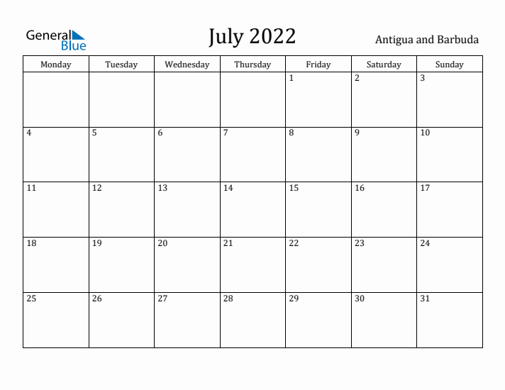 July 2022 Calendar Antigua and Barbuda