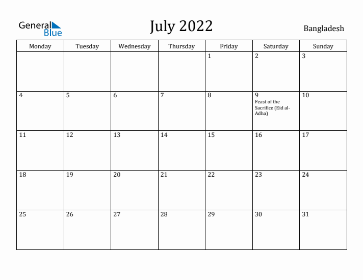 July 2022 Calendar Bangladesh
