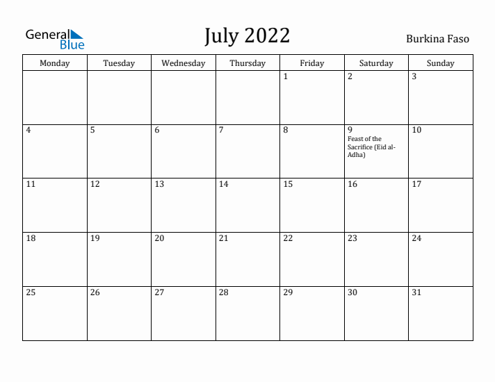 July 2022 Calendar Burkina Faso
