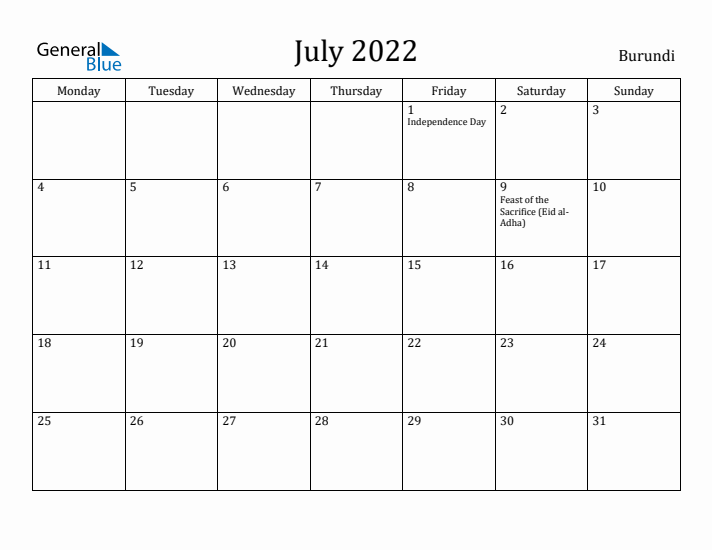 July 2022 Calendar Burundi