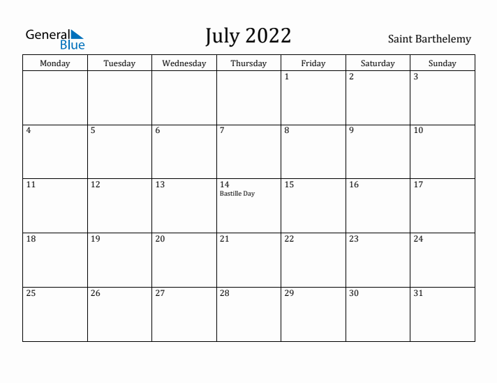 July 2022 Calendar Saint Barthelemy