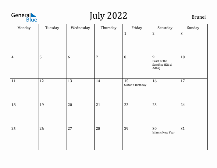 July 2022 Calendar Brunei