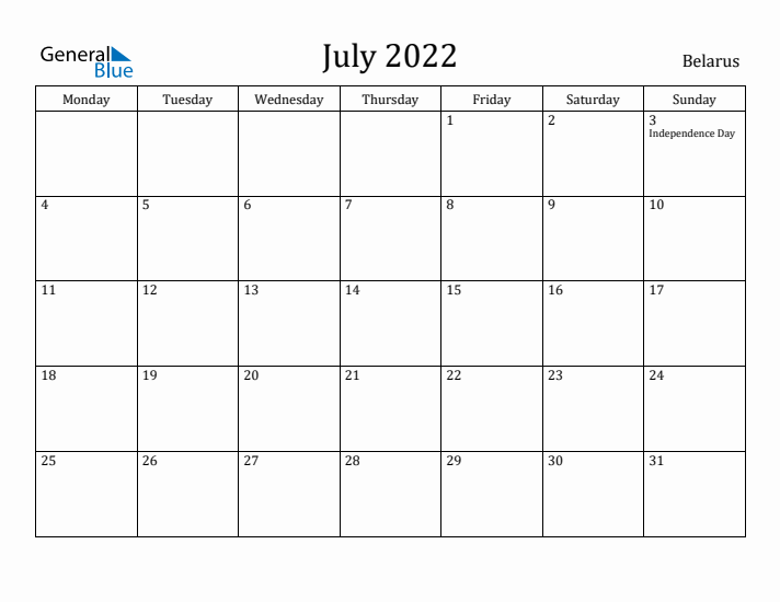 July 2022 Calendar Belarus