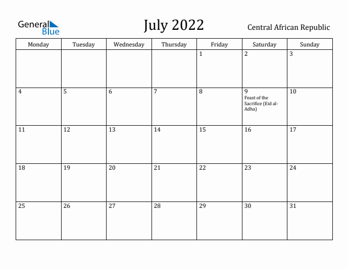 July 2022 Calendar Central African Republic