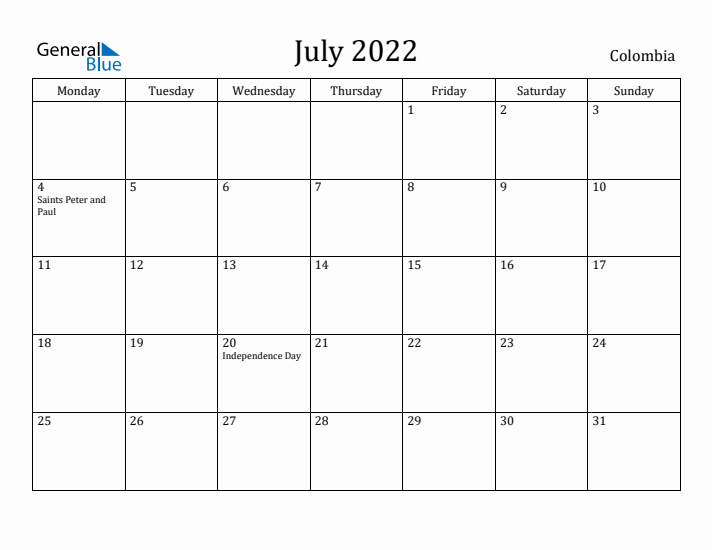 July 2022 Calendar Colombia