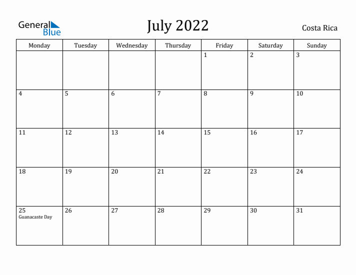 July 2022 Calendar Costa Rica