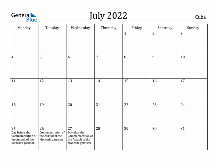 July 2022 Calendar Cuba