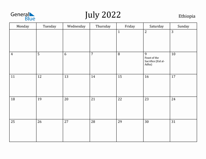 July 2022 Calendar Ethiopia
