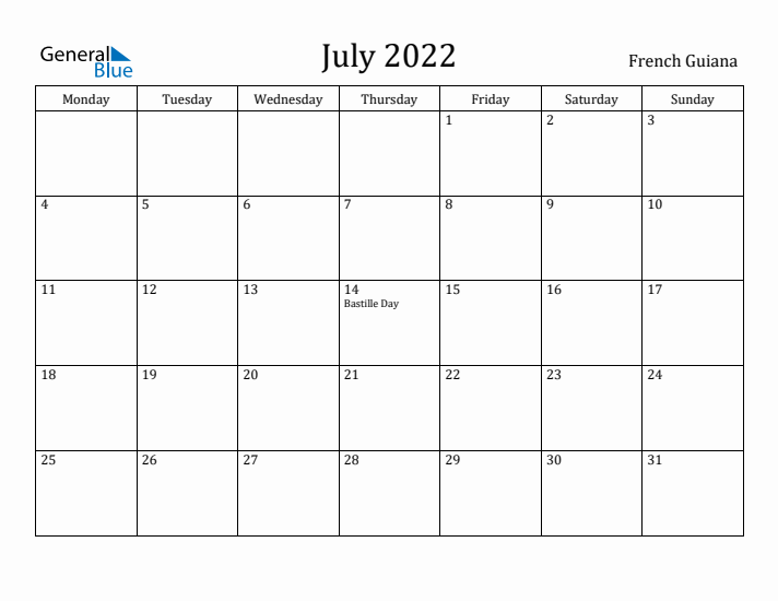 July 2022 Calendar French Guiana