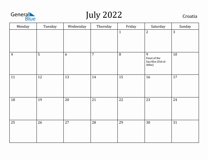 July 2022 Calendar Croatia