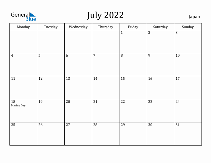 July 2022 Calendar Japan