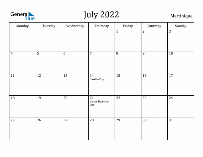 July 2022 Calendar Martinique