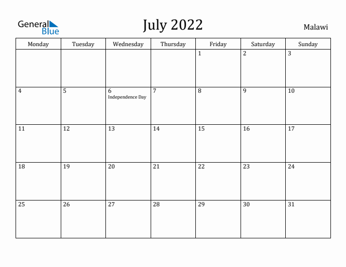 July 2022 Calendar Malawi
