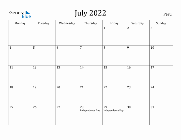 July 2022 Calendar Peru