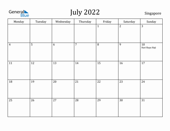 July 2022 Calendar Singapore