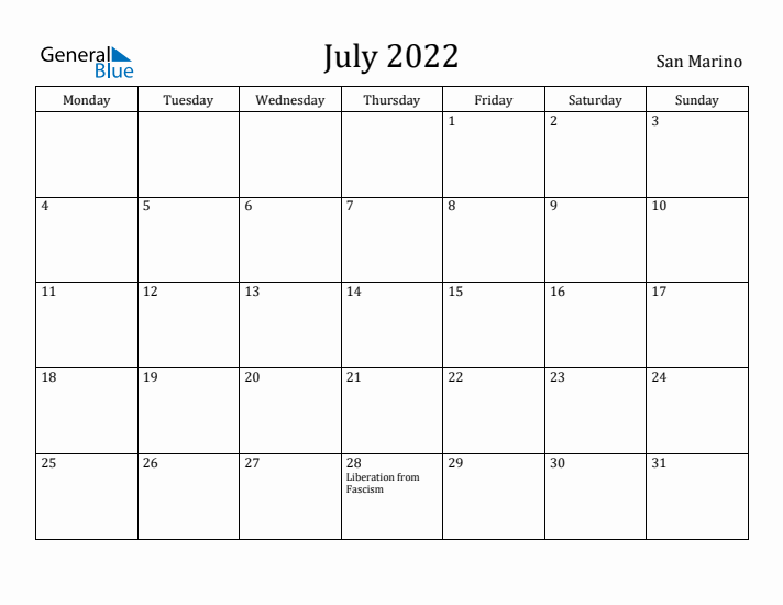 July 2022 Calendar San Marino