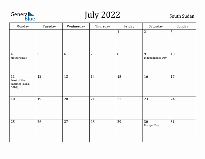 July 2022 Calendar South Sudan