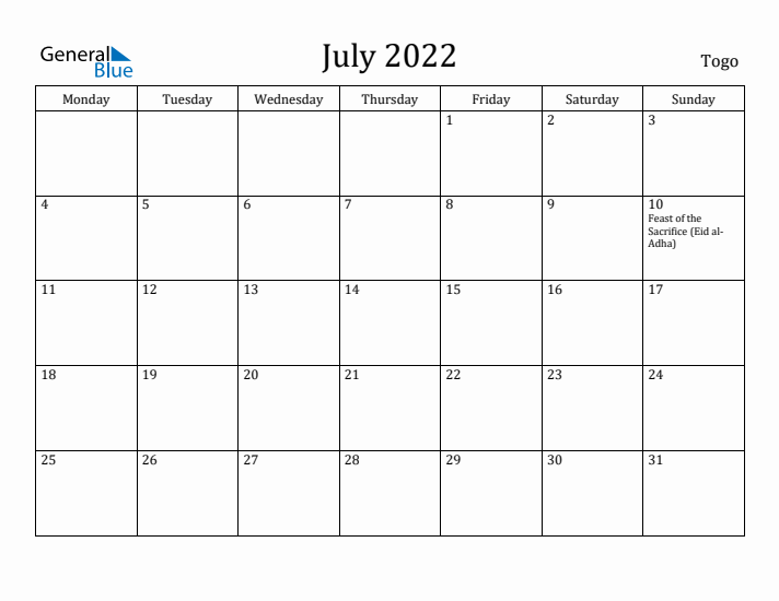 July 2022 Calendar Togo