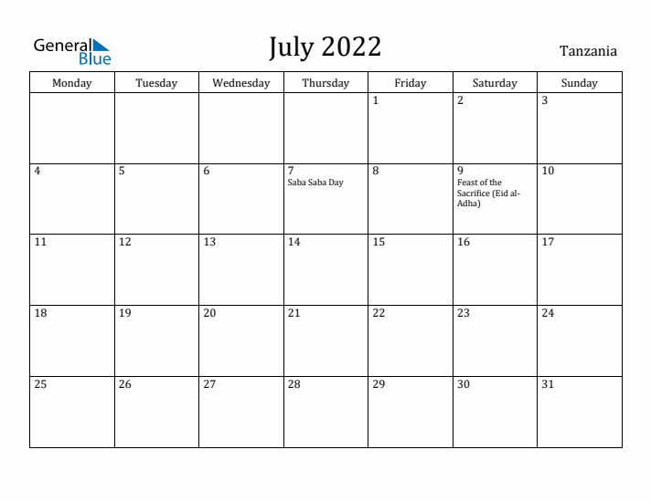July 2022 Calendar Tanzania