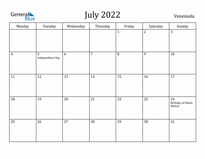 July 2022 Calendar Venezuela