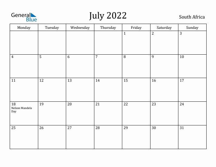 July 2022 Calendar South Africa