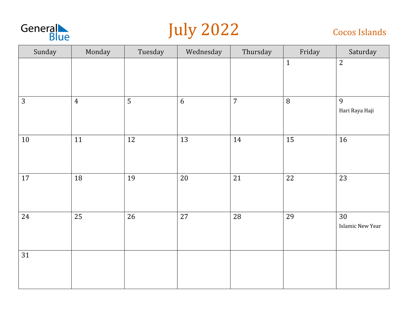 july 2022 calendar cocos islands