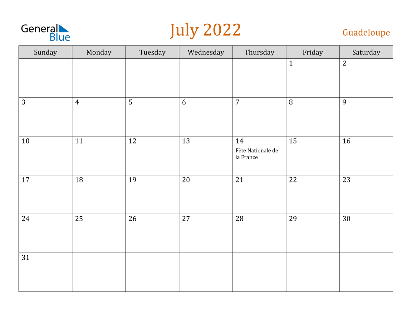 July 2022 Calendar - Guadeloupe