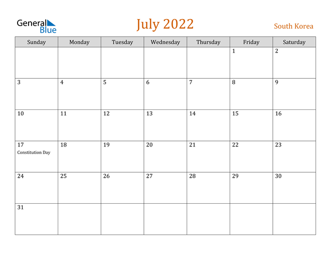 July 2022 Holiday Calendar